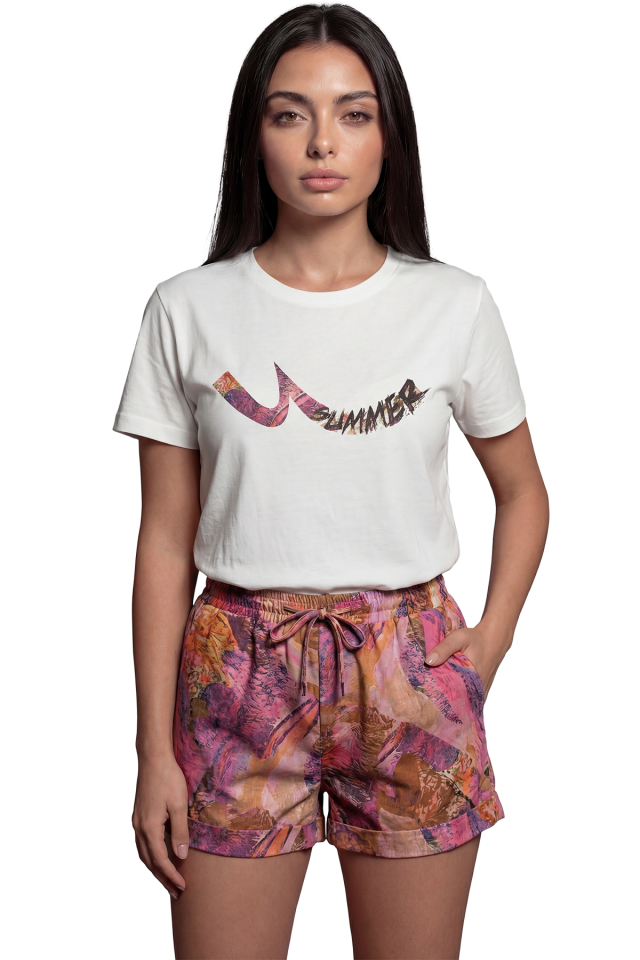 ''Summer Wave'' Dinamik Yazı Baskılı %100 Pamuk Rahat Kesim Premium Kadın Tişört