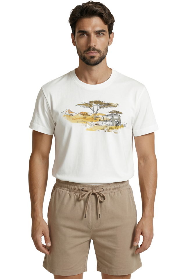 Safari Temalı Jeep ve Savana Manzarası Sulu Boya Eskiz Baskılı Premium Erkek Tişört