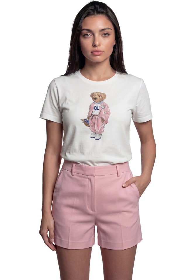 ''Pink Jumpsuit Bear'' Şık Ayıcık Baskılı %100 Pamuk Rahat Kesim Premium Kadın Tişört