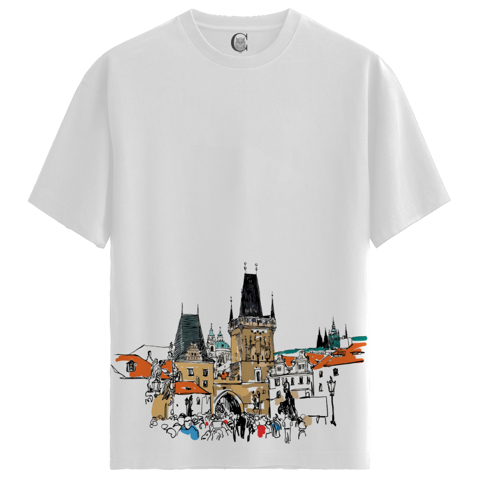 Prague Tower - %100 Pamuklu Erkek Beyaz Tişört - Premium Quality