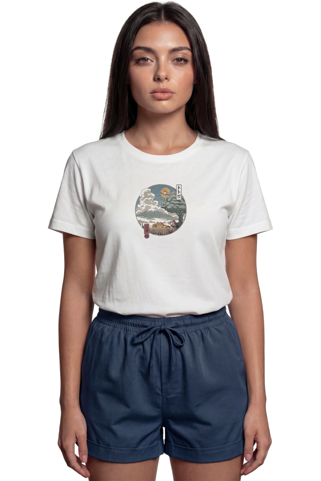 ''Japanese Scenery'' Japon Manzaralı Sanatsal Baskılı %100 Pamuk Rahat Kesim Premium Kadın Tişört