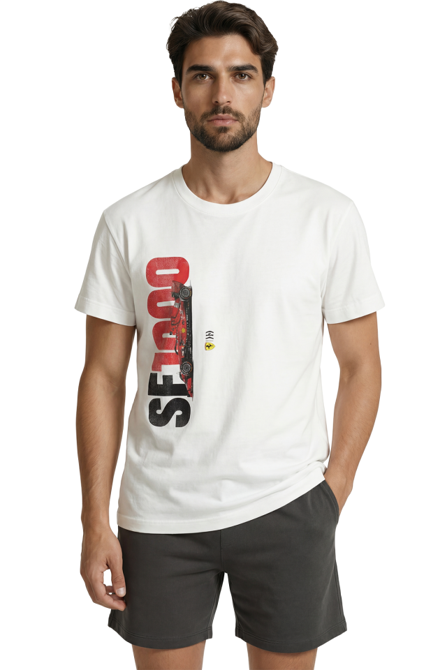 SF1000 F1 Yarış Arabası ve Dikey Tipografi Baskılı Premium Erkek Tişört