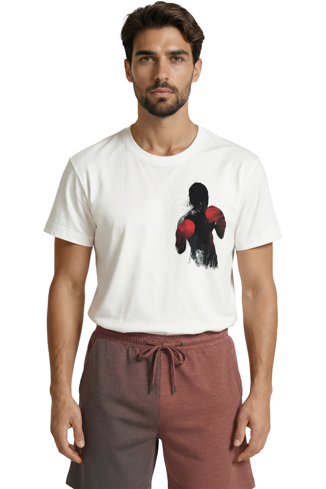 Gölge Boksörü ve Kırmızı Eldiven Silüet Baskılı Sporcu Tasarım Premium Erkek Tişört