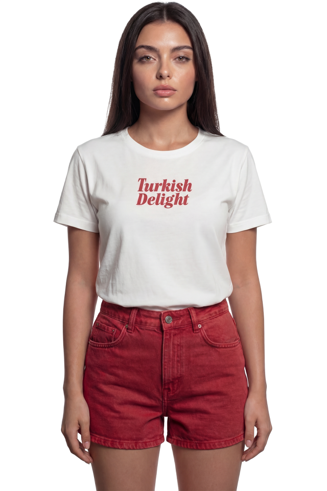 ''Turkish Delight'' Yazılı Nostaljik Baskılı %100 Pamuk Rahat Kesim Premium Kadın Tişört