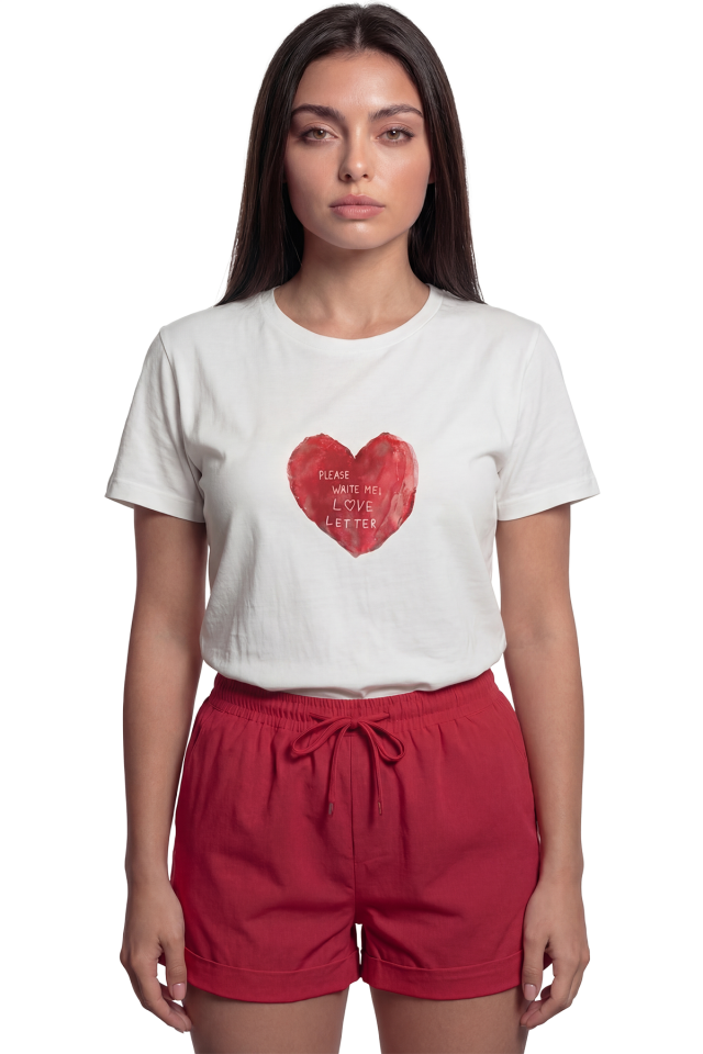 ''Love Letter Heart'' Kalp Baskılı Romantik %100 Pamuk Rahat Kesim Premium Kadın Tişört