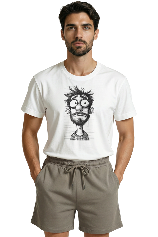 Şaşkın ve Gözlüklü Karakter Kara Kalem Eskiz Baskılı Premium Erkek Tişört
