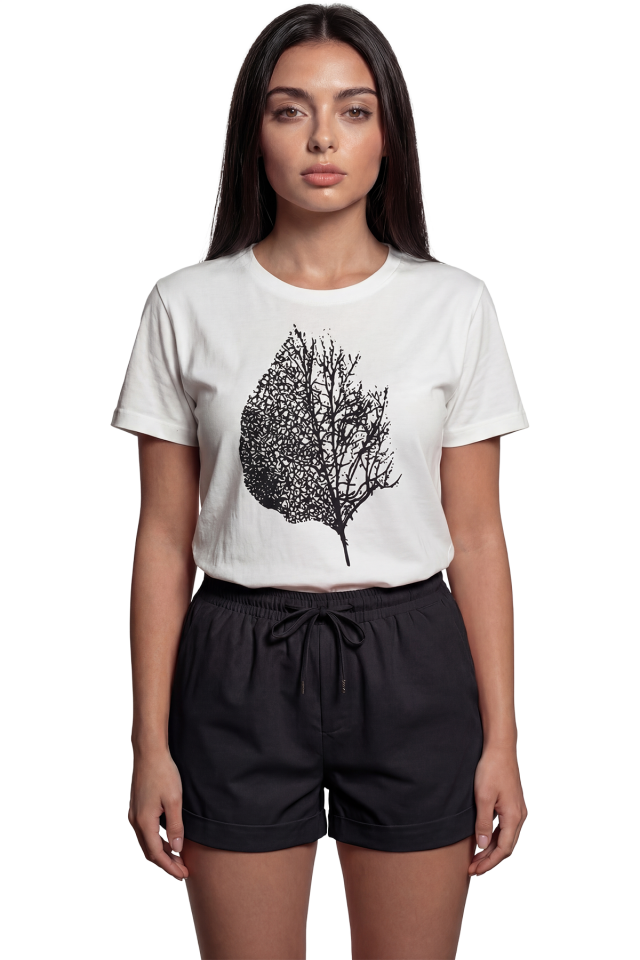 ''Yaprak Silüeti'' Detaylı Ağaç Baskılı %100 Pamuk Rahat Kesim Premium Kadın Tişört