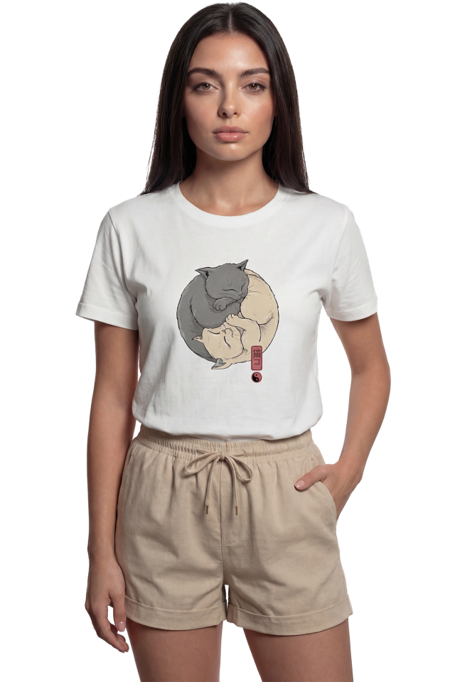 ''Yin Yang Cats'' Japon Tarzı Kedi Baskılı %100 Pamuk Rahat Kesim Premium Kadın Tişört