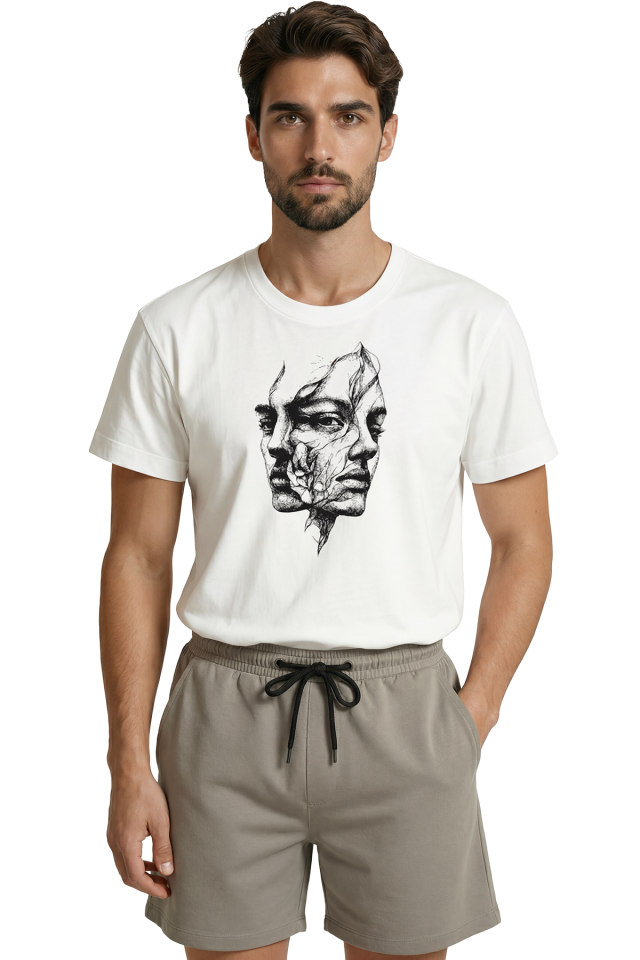 Sürrealist Parçalanmış Yüz ve Soyut Portre Eskiz Baskılı Premium Erkek Tişört