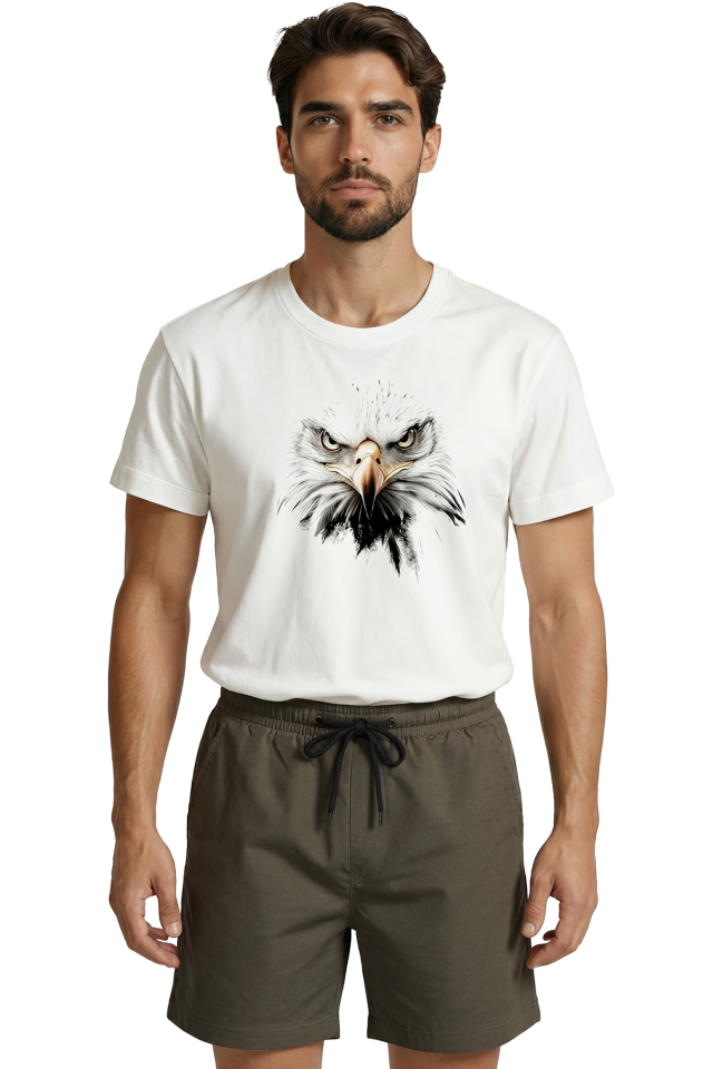Keskin Bakışlı Kartal Portresi ve Sanatsal Eskiz Baskılı Premium Erkek Tişört