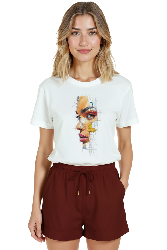 Kadın Beyaz Relaxed Fit %100 Pamuk Tişört – Çizgisel Portre Suluboya Baskılı