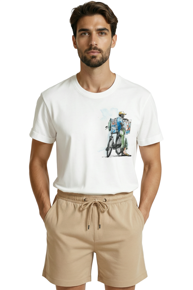 Bisikletli Sokak Satıcısı ve Şehir Yaşamı Sulu Boya Eskiz Baskılı Premium Erkek Tişört