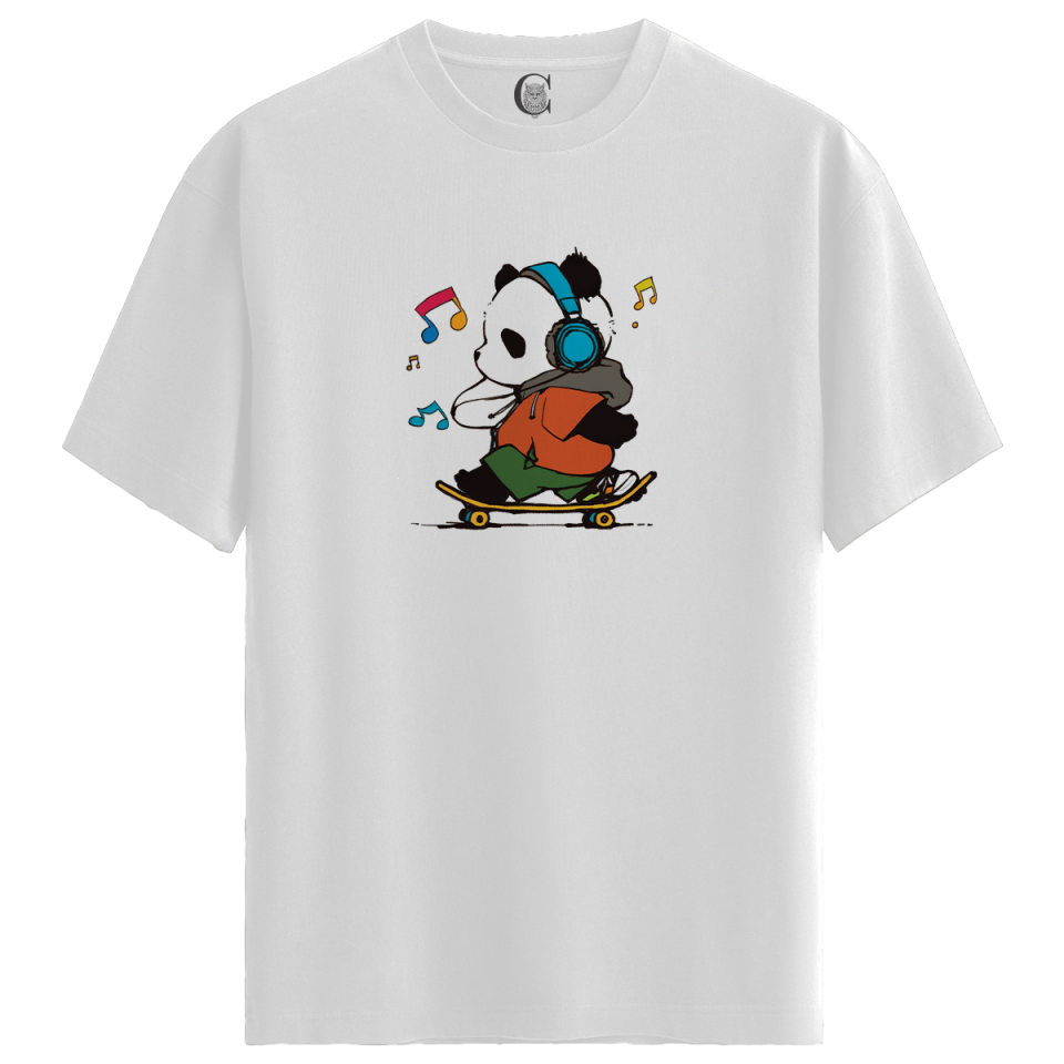 Skater Panda - %100 Pamuklu Erkek Beyaz Tişört - Premium Quality