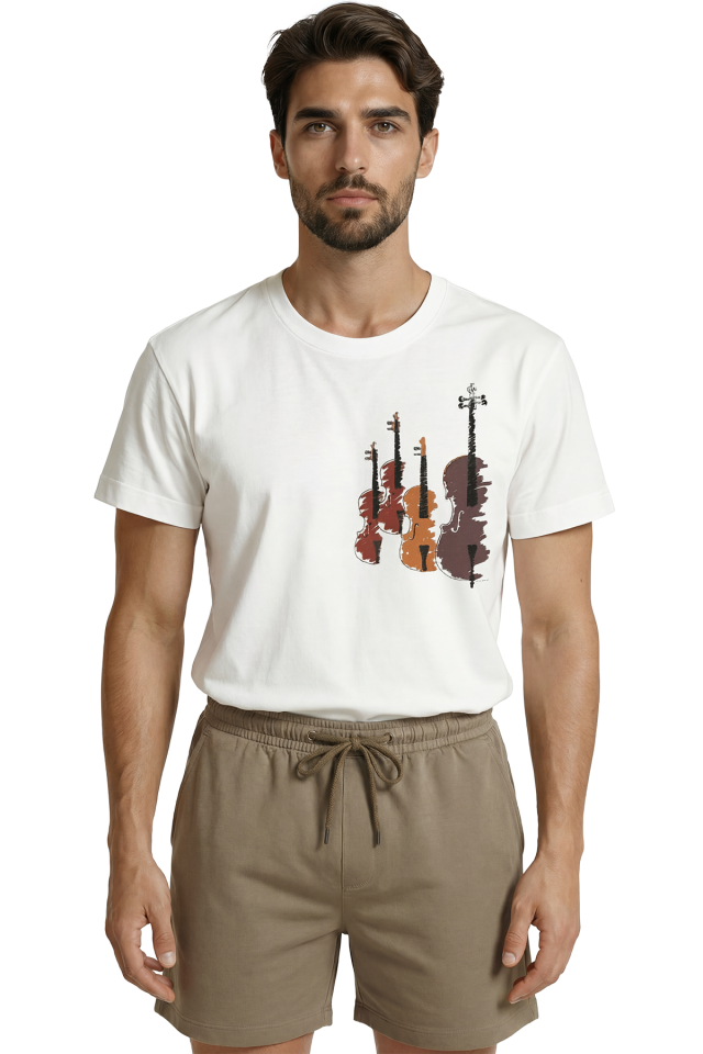 Sanatsal Yaylı Çalgılar ve Keman Trio Eskiz Baskılı Premium Erkek Tişört
