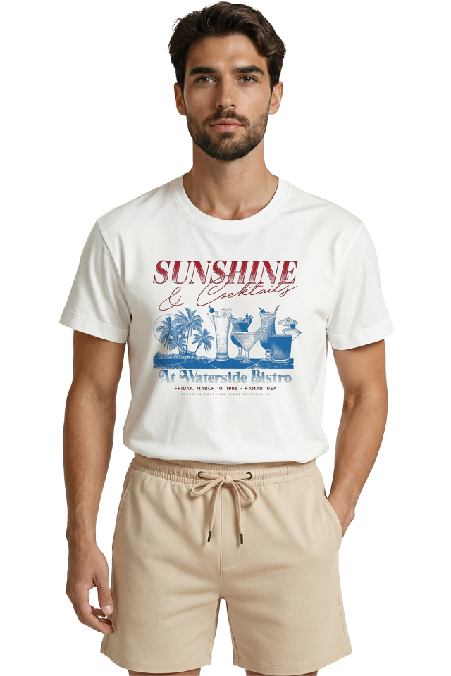''Sunshine & Cocktails'' Hawaii 1985 Temalı Retro Yazlık Premium Erkek Tişört