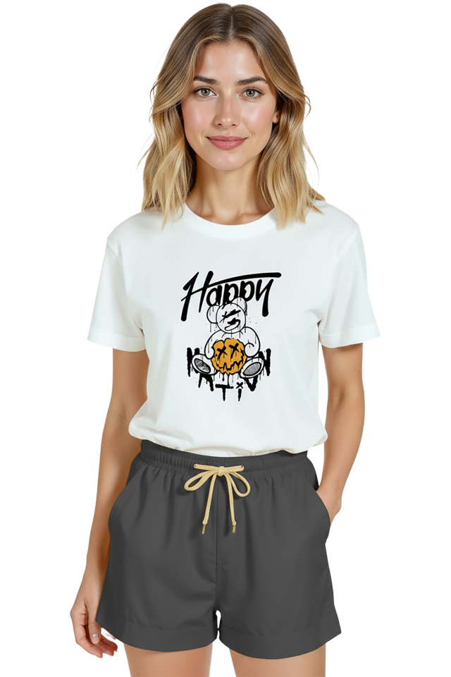 Kadın Beyaz Relaxed Fit %100 Pamuk Tişört – Grafiti Teddy Ayı & Pumpkin Street Baskılı