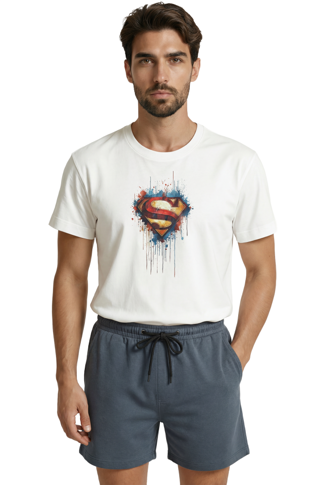 Superman ''Man of Steel'' Logosu Sulu Boya  Tasarım Premium Erkek Tişört