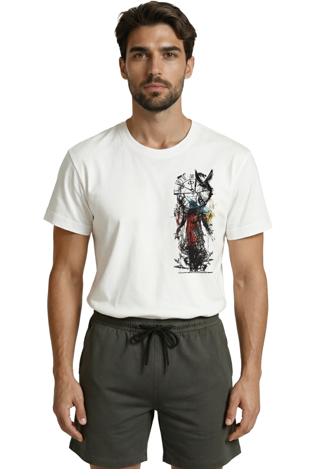 Zaman ve Kaos Temalı Sürrealist Saat ve Figür Eskiz Baskılı Premium Erkek Tişört