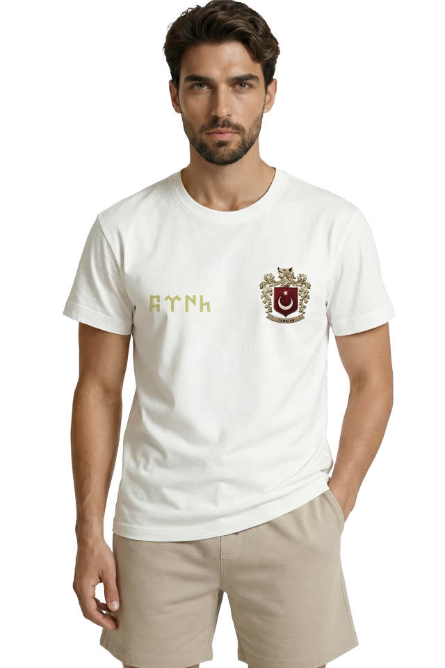 Göktürkçe ''Türk'' Yazısı ve Bozkurt Armalı Özel Tasarım Premium Erkek Tişört