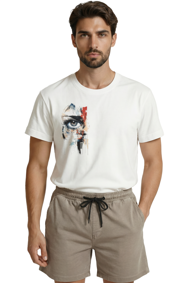 Gerçekçi Göz Detaylı ve Soyut Fırça Darbeli Sanatsal Tasarım Premium Erkek Tişört