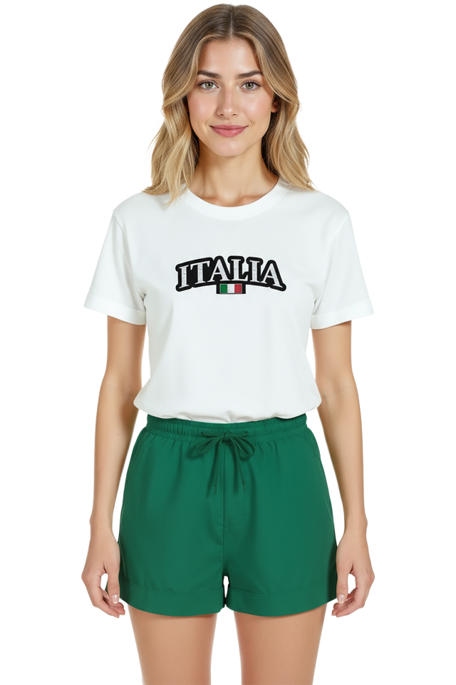 Kadın Beyaz Relaxed Fit %100 Pamuk Tişört – ITALIA Tipografi & Mini İtalya Bayrağı Baskılı