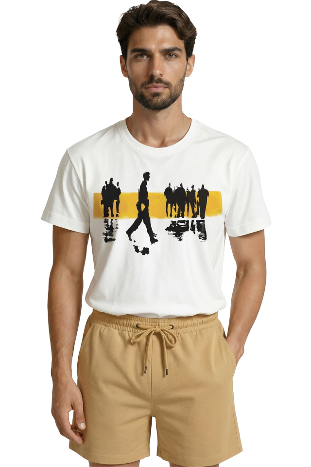 Sarı Şerit Temalı Sanatsal Baskılı Premium Erkek Tişört