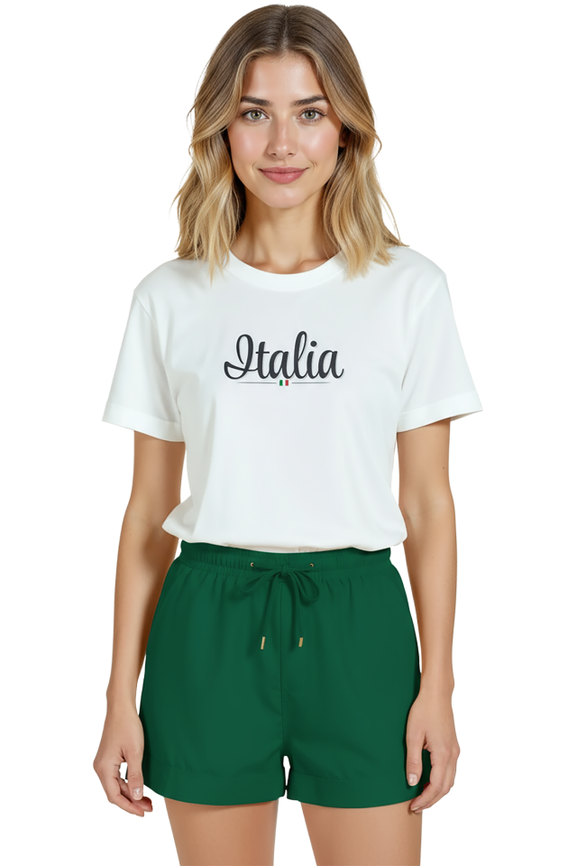 Kadın Beyaz Relaxed Fit %100 Pamuk Tişört – ITALIA Script & Mini Bayrak Baskılı