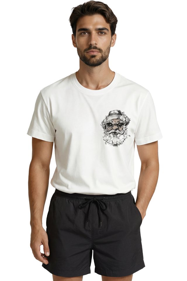 Gözlüklü ve Şapkalı ''Cool'' İhtiyar Eskiz Baskılı Minimalist Premium Erkek Tişört