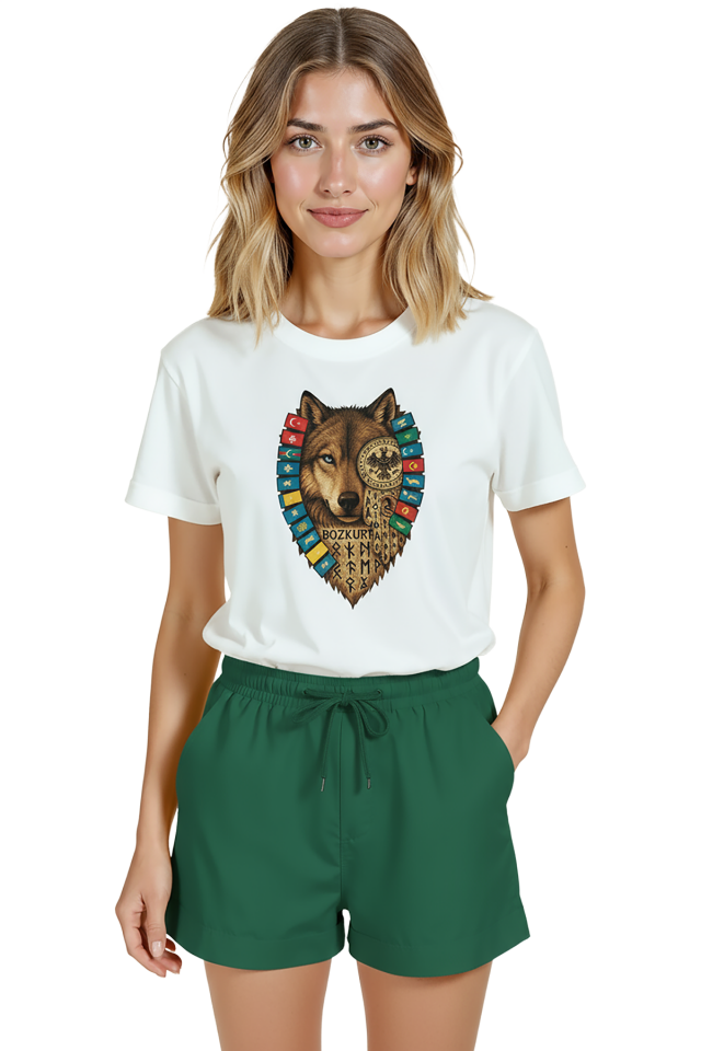 Kadın Beyaz Relaxed Fit %100 Pamuk Tişört – Türkiye Bozkurt & Kurt Baskılı