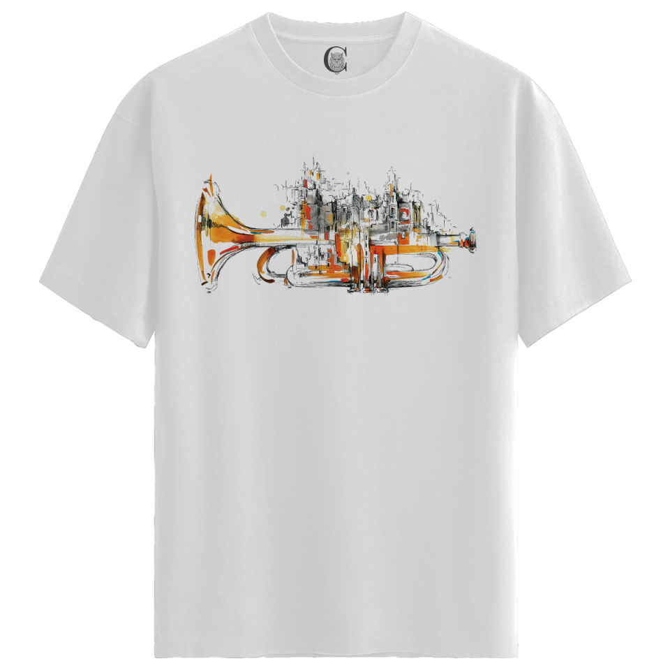 Trumpet City - %100 Pamuklu Erkek Beyaz Tişört - Premium Quality