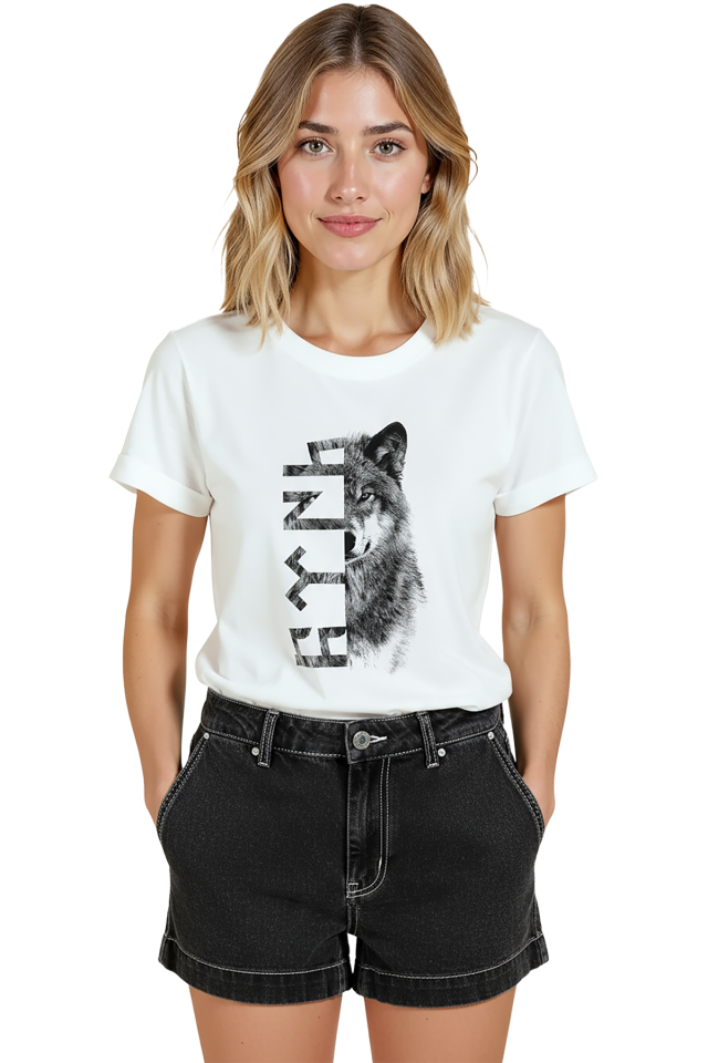 Kadın Beyaz Relaxed Fit %100 Pamuk Tişört – Göktürkçe Türk Yazısı ve Bozkurt Kurt Baskılı