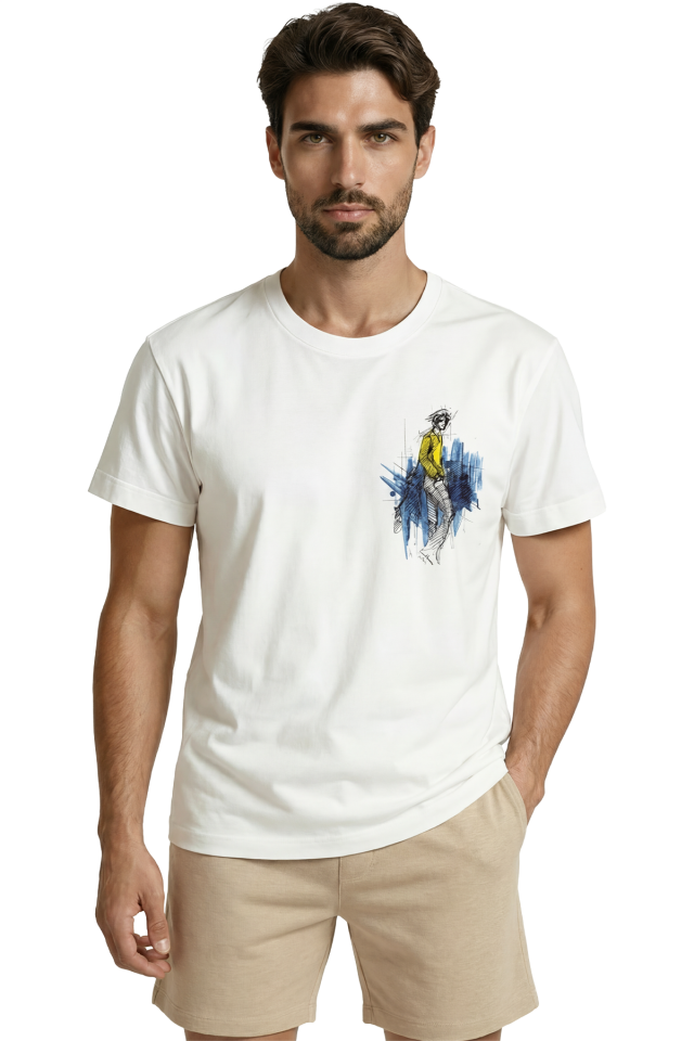 Sarı Ceketli Figür ve Mavi Soyutlama Moda Eskiz Baskılı Premium Erkek Tişört