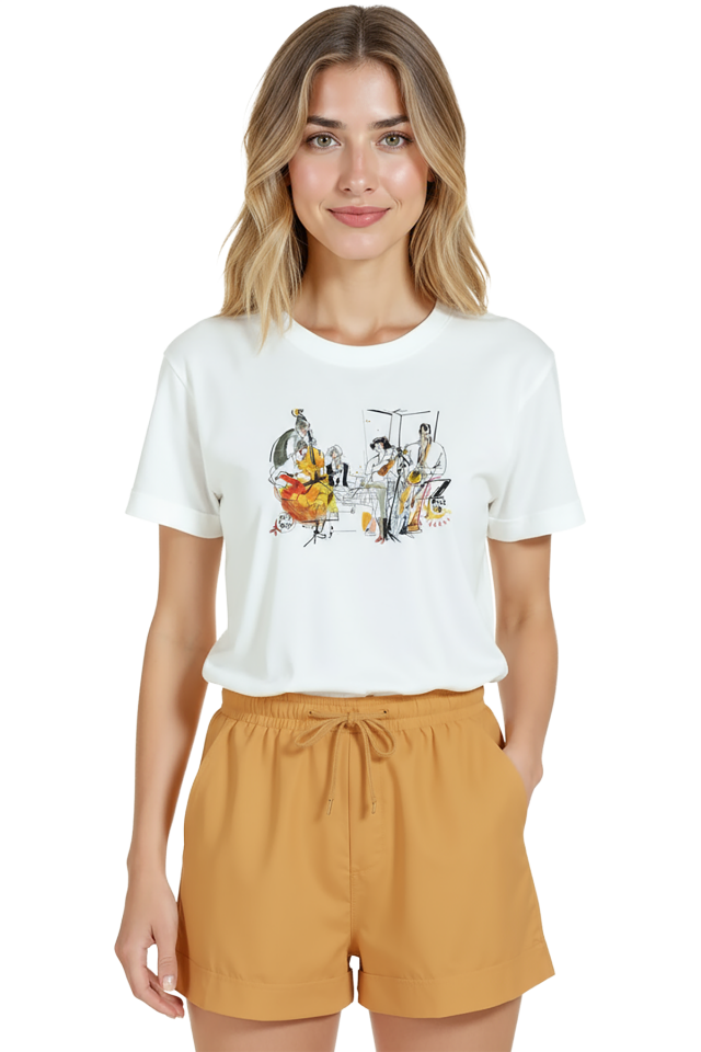 Kadın Beyaz Relaxed Fit %100 Pamuk Tişört – Caz Grubu Baskılı