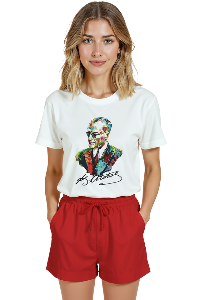 Kadın Beyaz Relaxed Fit %100 Pamuk Tişört – Renkli Atatürk Portre Suluboya Baskılı