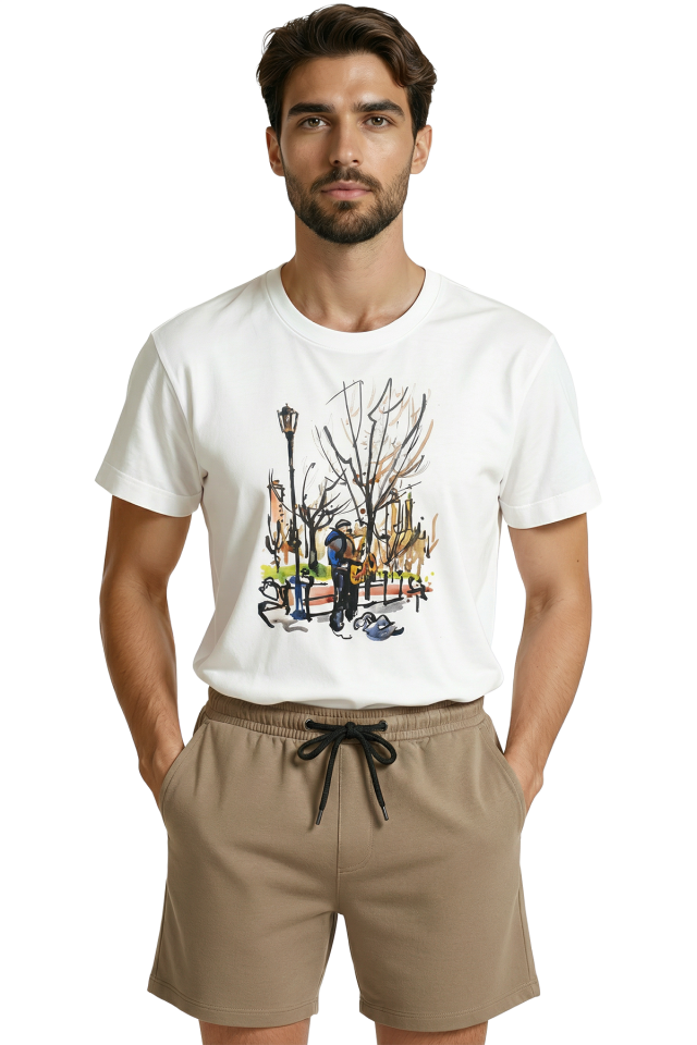 Sokak Müzisyeni Temalı Sanatsal Baskılı Premium Erkek Tişört