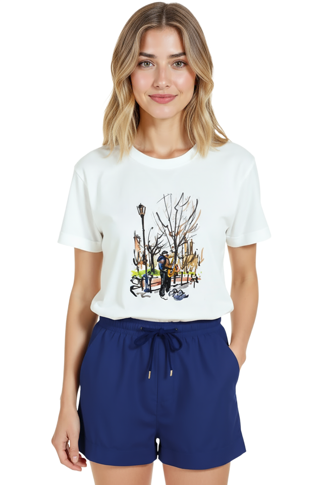 Kadın Beyaz Relaxed Fit %100 Pamuk Tişört – Park Sahnesi & Sokak Müzisyeni Baskılı