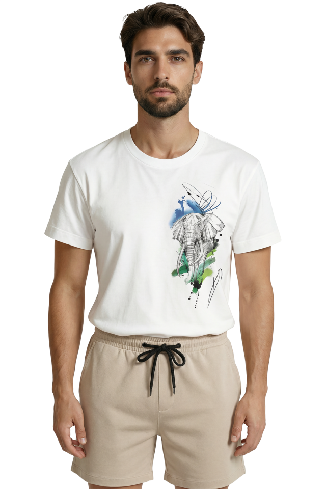 Sanatsal Fil Eskizi ve Sulu Boya Efektli Modern Tasarım Premium Erkek Tişört