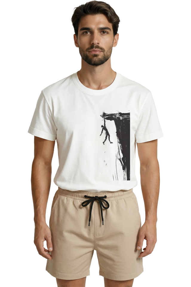 Uçurumun Kenarında Asılı Kalan Figür Eskiz Baskılı Premium Erkek Tişört