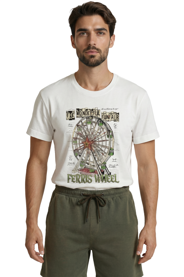 Nostaljik Lunapark ve Dönme Dolap Temalı Vintage Tasarım Premium Erkek Tişört