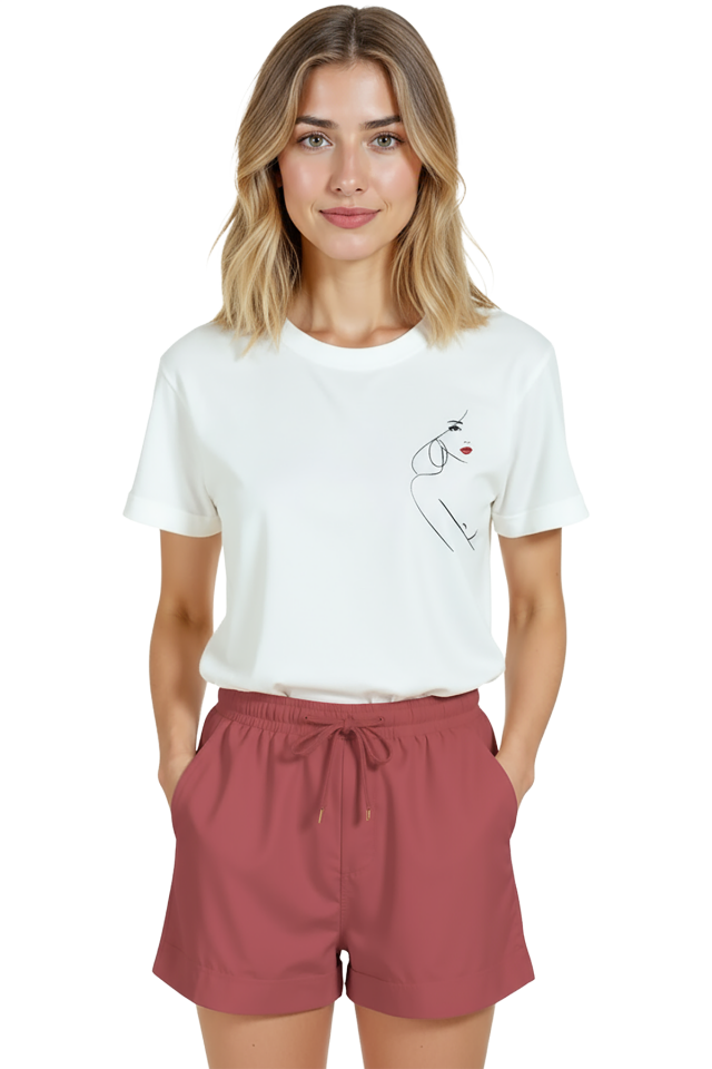 Kadın Beyaz Relaxed Fit %100 Pamuk Tişört – İnce Line‑Art Yüz & Kırmızı Ruj Baskılı