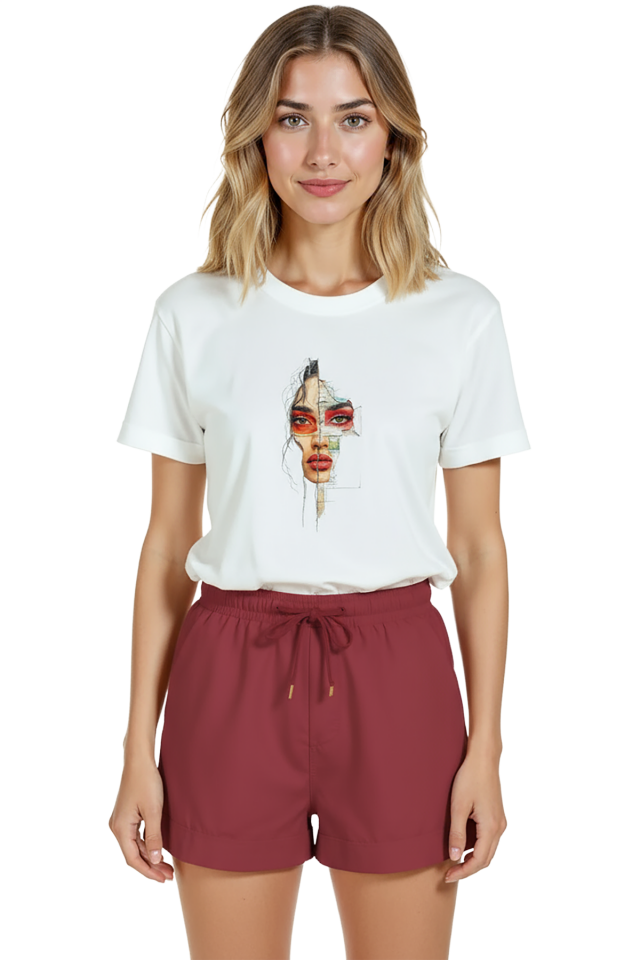 Kadın Beyaz Relaxed Fit %100 Pamuk Tişört – Karakalem & Suluboya Parçalı Yüz İllüstrasyonu