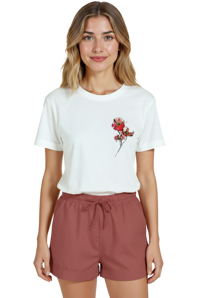 Kadın Beyaz Relaxed Fit %100 Pamuk Tişört – Gelincik Buketi Sağ Göğüs Baskılı