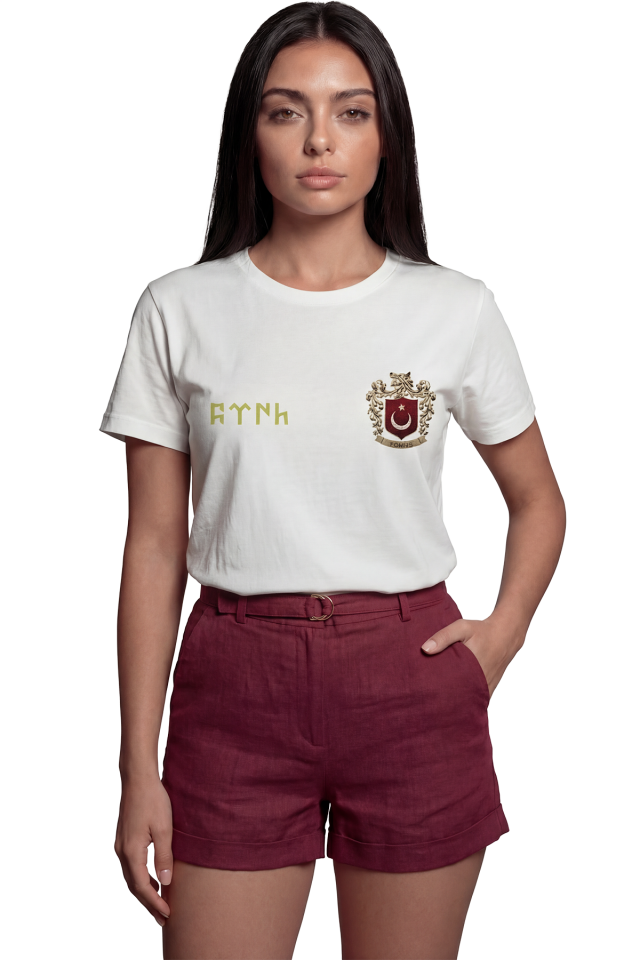 ''Göktürkçe Türk'' ve Arma Temalı Baskılı %100 Pamuk Rahat Kesim Premium Kadın Tişört