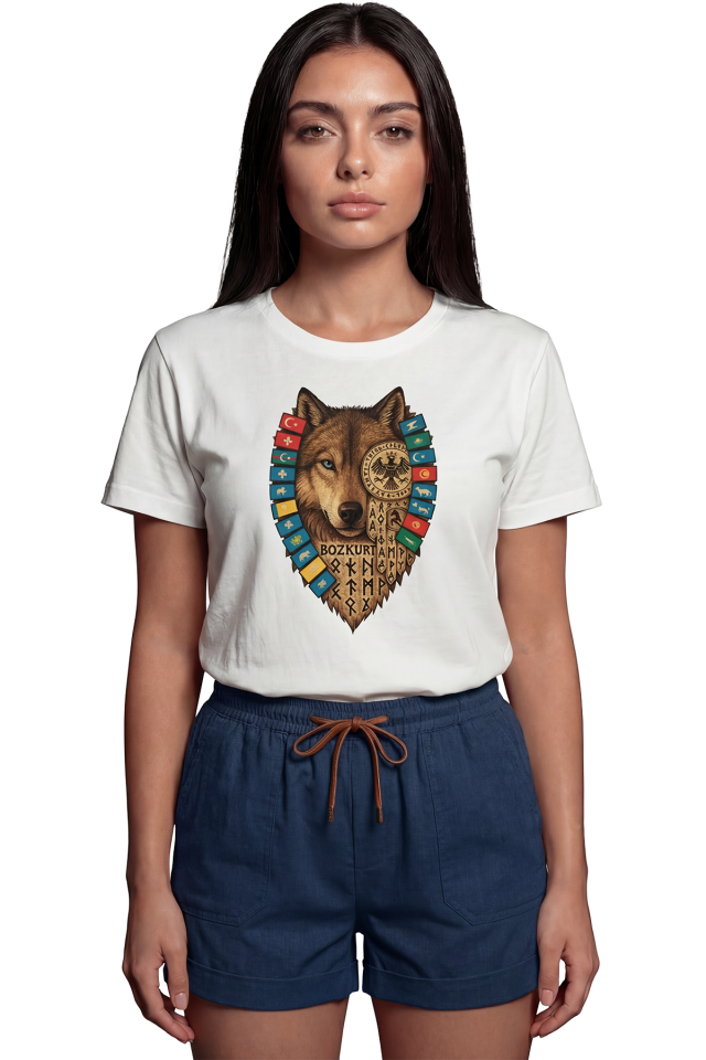 ''Bozkurt ve Türk Devletleri'' Armalı Baskılı %100 Pamuk Rahat Kesim Premium Kadın Tişört