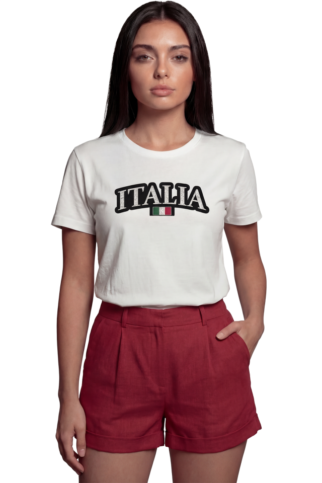 ''Italia'' Yazılı ve Bayrak Temalı Baskılı %100 Pamuk Rahat Kesim Premium Kadın Tişört