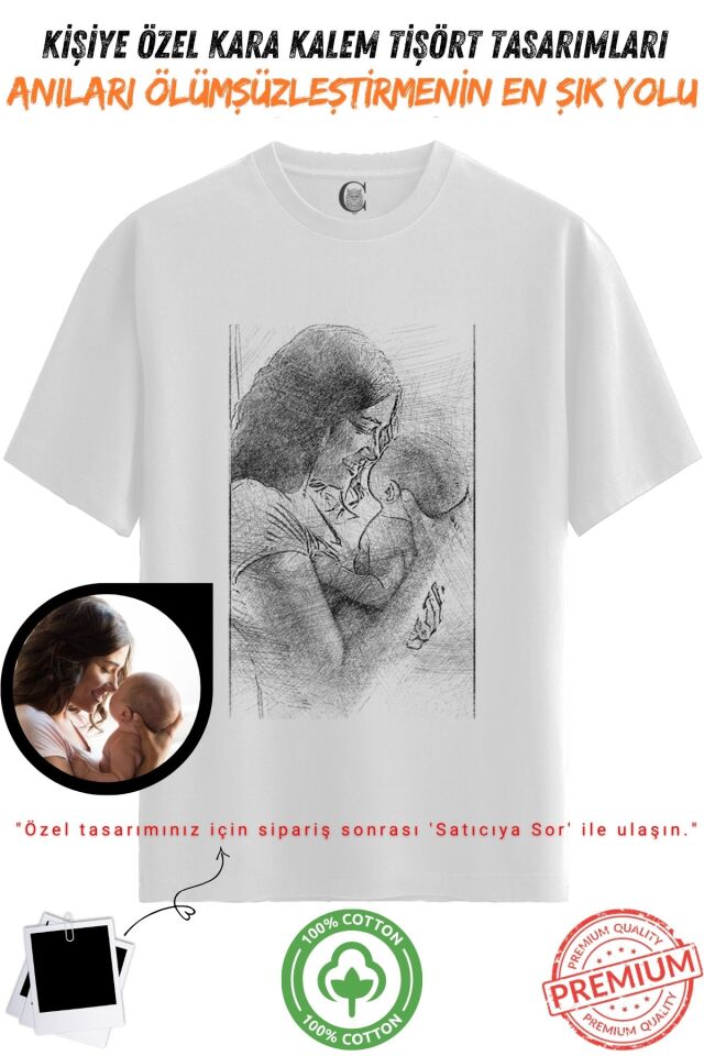Kişiye Özel Karakalem Tişört | Fotoğraftan Baskı | Aile Evcil Hayvan Tasarım | %100 Pamuk Unisex v2