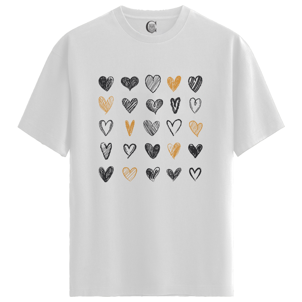 Hearts Sketch - %100 Pamuklu Kadın Beyaz Tişört - Premium Quality