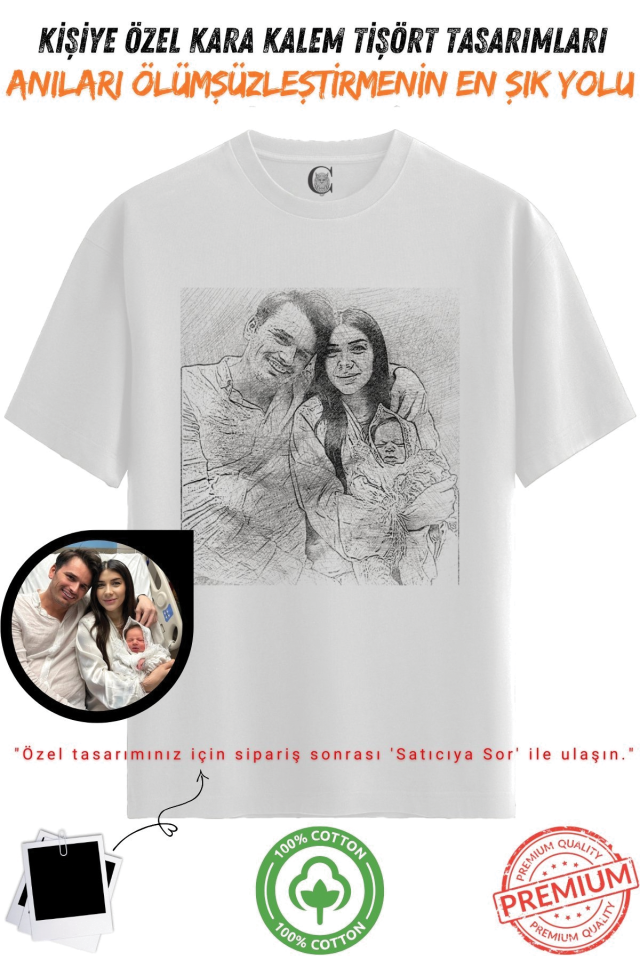 Kişiye Özel Karakalem Tişört | Fotoğraftan Baskı | Aile Evcil Hayvan Tasarım | %100 Pamuk Unisex v3