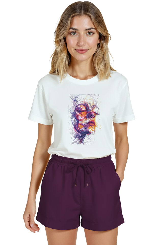 Kadın Beyaz Relaxed Fit %100 Pamuk Tişört – Renkli Doodle Portre Baskılı