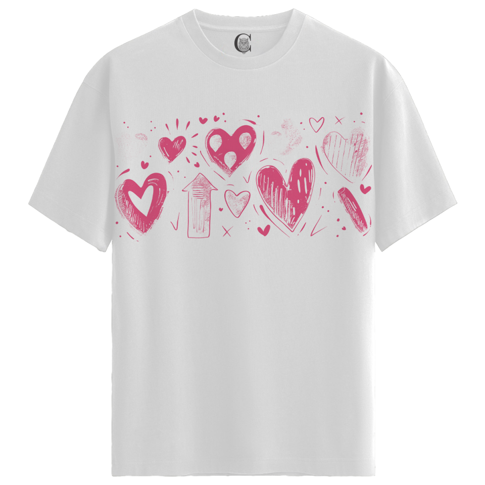 Pink Hearts - %100 Pamuklu Kadın Beyaz Tişört - Premium Quality
